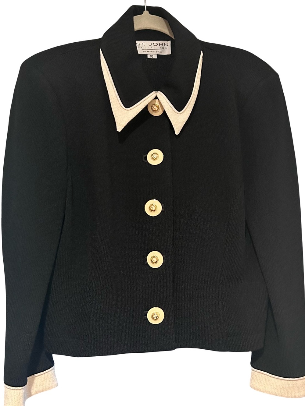 St. John Black Knit Blazer with Cream Trim and Gold Buttons